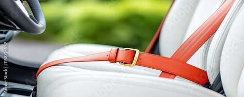 A close-up of a car's seatbelt resting on a white leather seat, emphasizing safety and design with a vibrant orange strap. photo