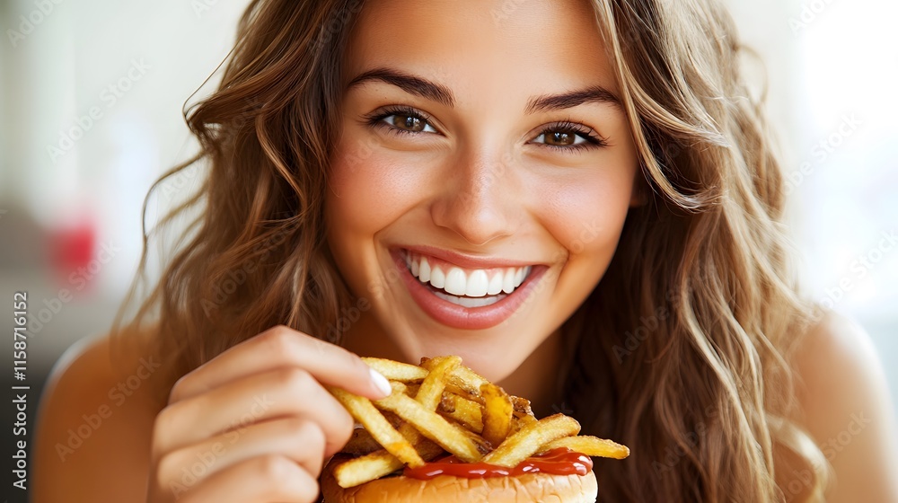 Happy Woman Enjoying French Fries and Burger Happy Woman Enjoying French Fries and Burger