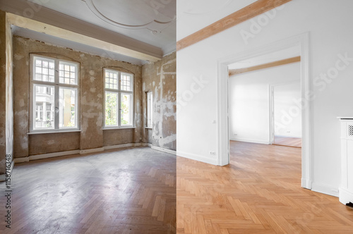 Room before renovation, empty flat interior in old building - photo