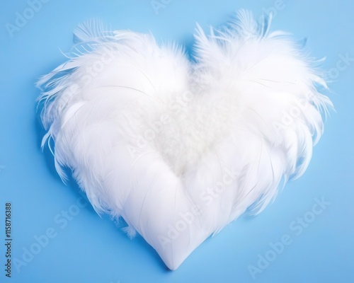 white feather in the shape of a heart on a blue background photo