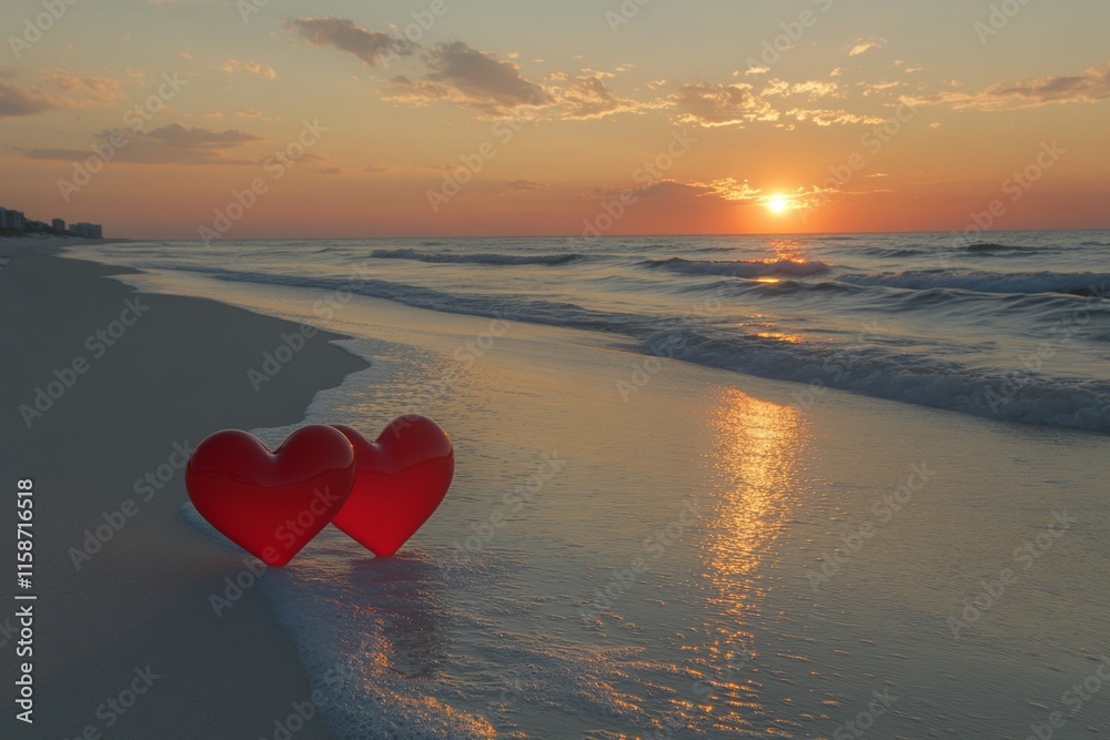 Fototapeta premium two red hearts on the beach, symbolizing love and romance for Valentine's Day celebration 