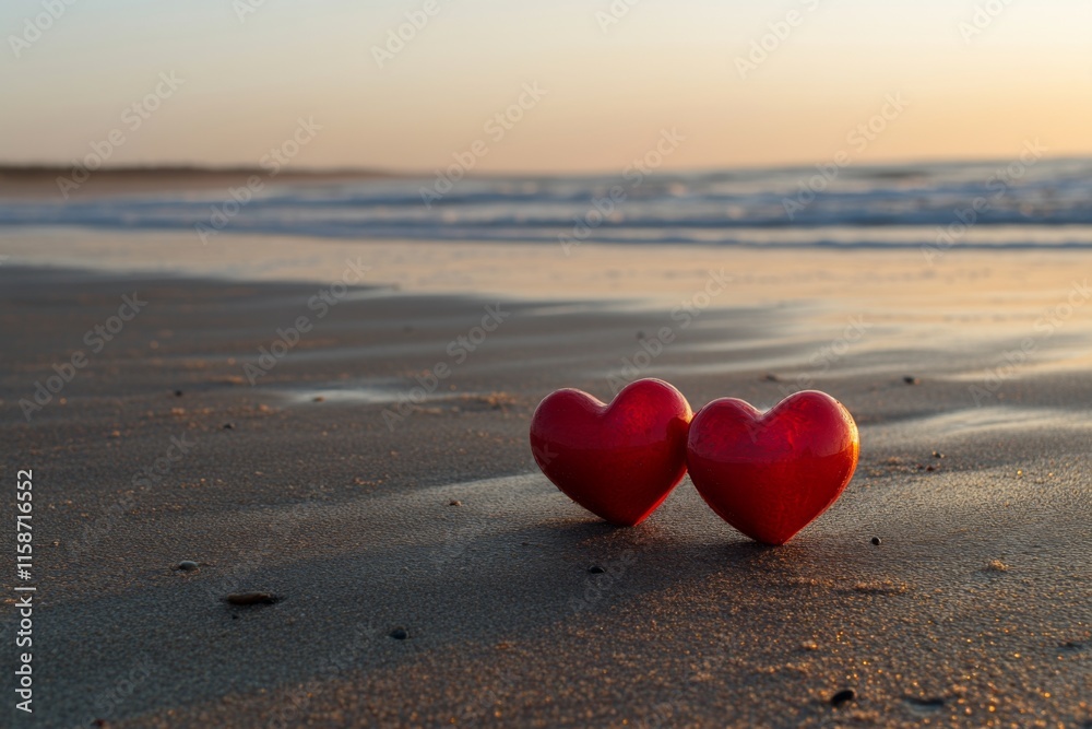 Fototapeta premium photo of two red hearts on the beach, symbolizing love and romance for Valentine's Day celebration 