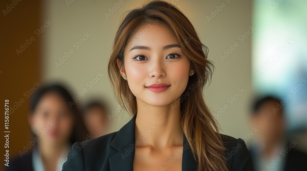 A woman in a business suit is smiling and looking at the camera. Generative AI A woman in a business suit is smiling and looking at the camera. Generative AI