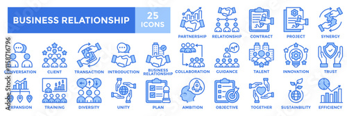 Business Relationship icon collection set. Containing relationship,collaboration,partnership,client,communication icon. Simple flat vector illustration.	
