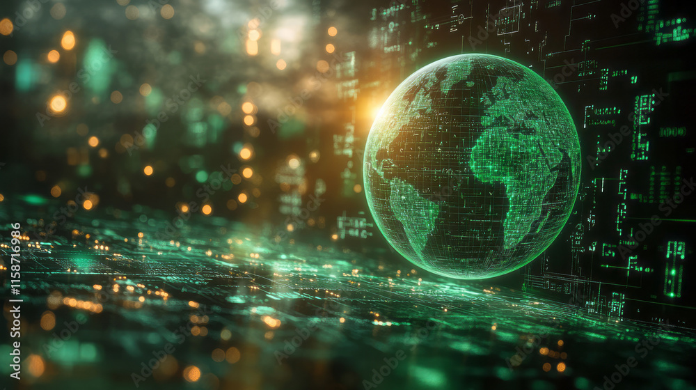 A luminous 3D hologram of a globe surrounded by mathematical equations and scientific symbols, radiating a soft green glow
