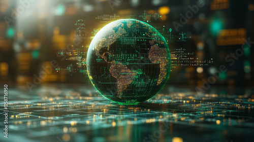 Wallpaper Mural A luminous 3D hologram of a globe surrounded by mathematical equations and scientific symbols, radiating a soft green glow, positioned on a clean beige background to represent global science  Torontodigital.ca