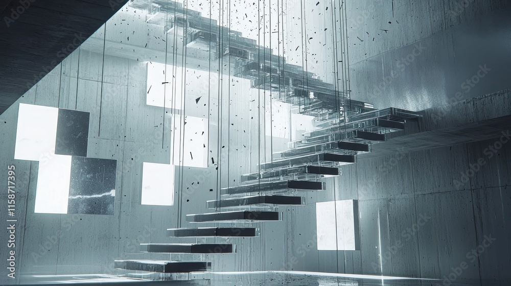 Fototapeta premium Futuristic glass staircase in a minimalist concrete building.