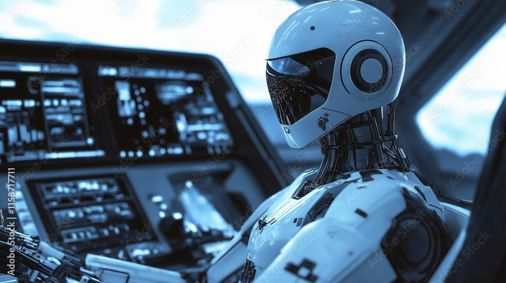 Fototapeta premium Futuristic cockpit, humanoid robot, space travel, sleek design, sci-fi concept, advanced technology, astronaut pilot, digital interface, exploration