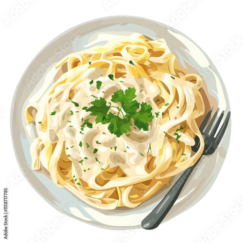 A watercolor vector painting of Italian fettuccine alfredo with cream sauce, isolated on a white background. Italian fettuccine vector.


