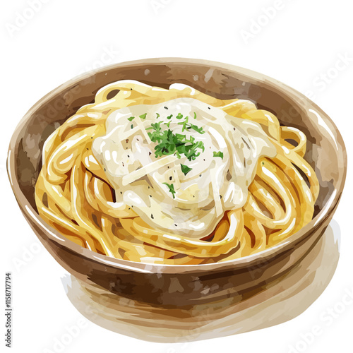 A watercolor vector painting of Italian fettuccine alfredo with cream sauce, isolated on a white background. Italian fettuccine vector.

