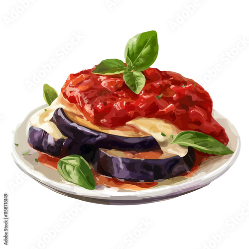 A watercolor vector painting of Italian eggplant Parmesan with marinara sauce, isolated on a white background. Italian eggplant Parmesan vector.

