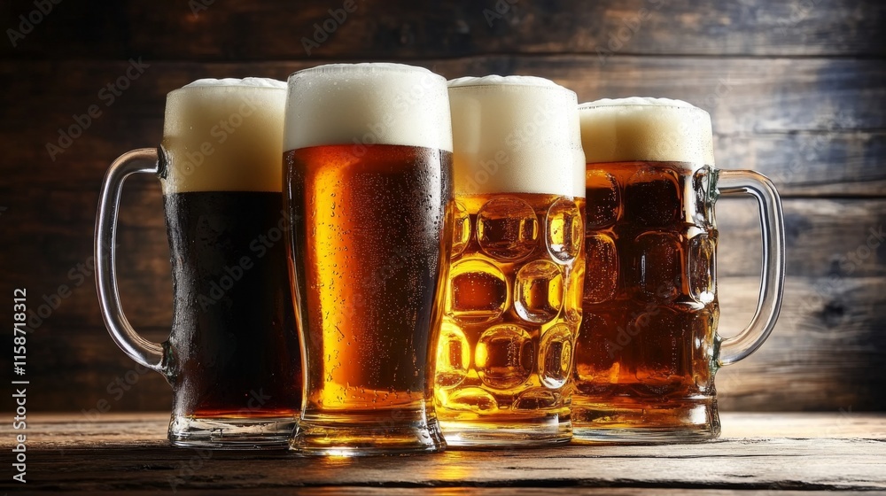 Four glassed of beer on wooden background Four glassed of beer on wooden background
