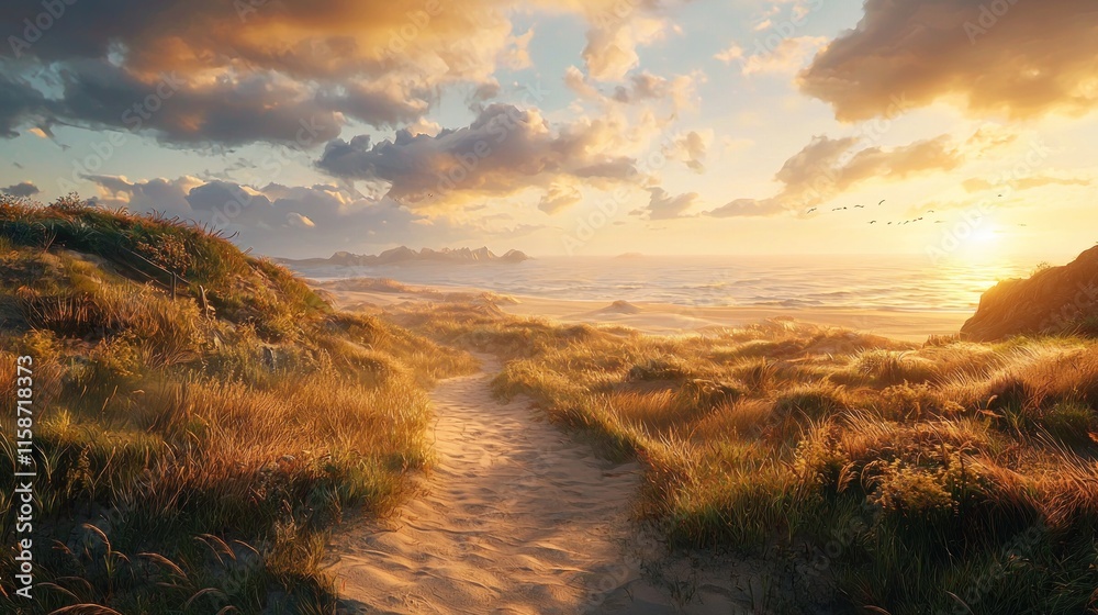 Sunset path through golden sand dunes. Sunset path through golden sand dunes.