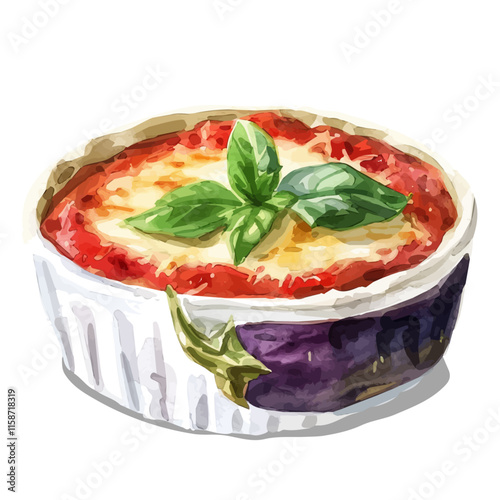 A watercolor vector painting of Italian eggplant Parmesan with marinara sauce, isolated on a white background. Italian eggplant Parmesan vector.


