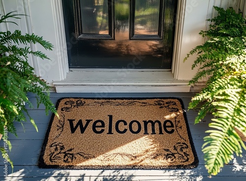 Overhead view of 'welcome' mat outside inviting front door of house