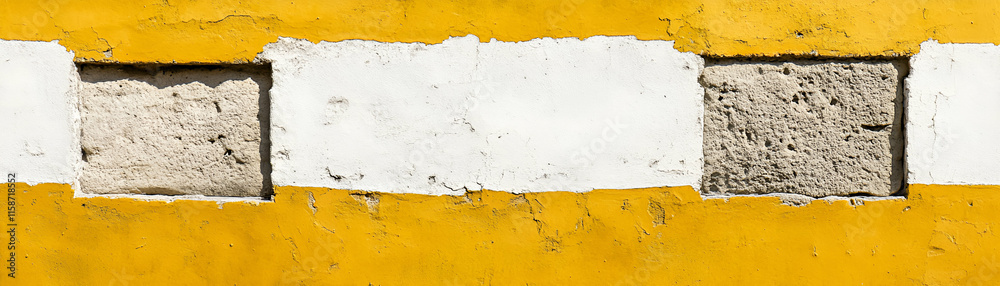 Textured Wall, Yellow, White, and Stone Blocks:  A vibrant color palette adorns the aged wall, showcasing contrasting textures and aged beauty.