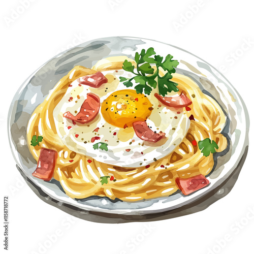 A watercolor vector painting of Italian carbonara pasta with pancetta and egg, isolated on a white background. Italian carbonara vector.

