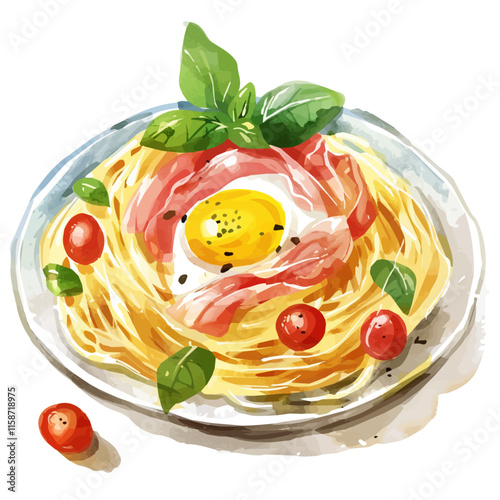 A watercolor vector painting of Italian carbonara pasta with pancetta and egg, isolated on a white background. Italian carbonara vector.

