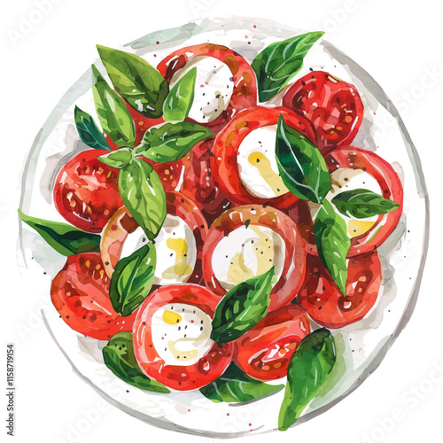 A watercolor vector painting of Italian caprese salad with tomatoes and mozzarella, isolated on a white background. Italian caprese salad vector.

