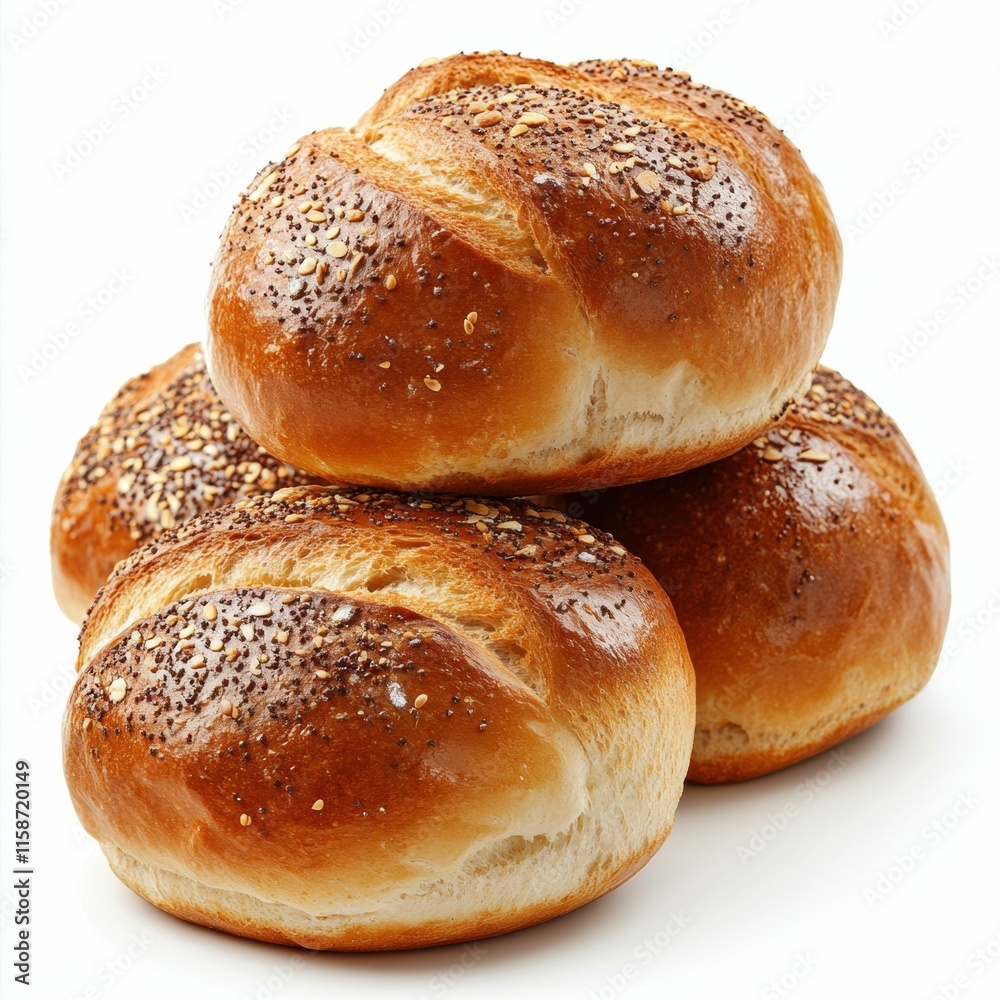 Freshly baked, golden-brown rolls stacked neatly, showcasing their soft texture and sprinkled with seeds. Freshly baked, golden-brown rolls stacked neatly, showcasing their soft texture and sprinkled with seeds.