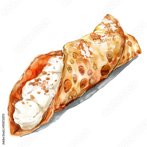 A watercolor vector painting of Italian cannoli with sweet ricotta filling, isolated on a white background. Italian cannoli vector.

