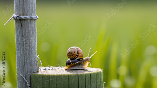 A tiny woodland snail with shell climbs a textured wooden post in front of a barbed wire fence. Otherwise known as shelled terrestrial pulmonate gastropod molluscs. Background with copy space photo