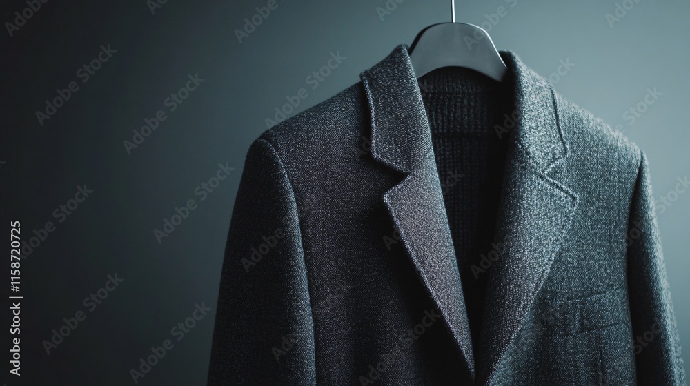 Grey tweed jacket and sweater hanging on hanger Grey tweed jacket and sweater hanging on hanger