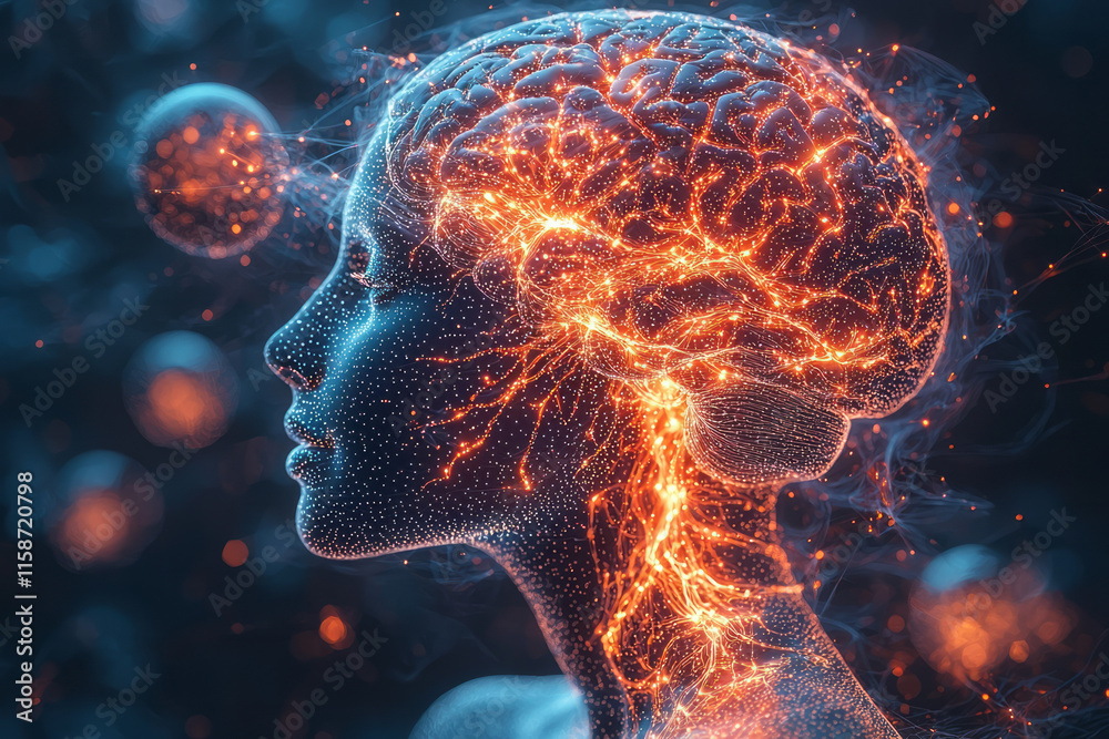A glowing 3D hologram of a human brain with interconnected neural pathways lighting up, surrounded by soft orbs of light, set against a clean white background to symbolize mental clarity and balance, A glowing 3D hologram of a human brain with interconnected neural pathways lighting up, surrounded by soft orbs of light, set against a clean white background to symbolize mental clarity and balance,