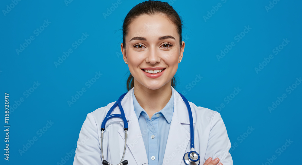 Confident Young Medical Professional Against Bright Blue Background Confident Young Medical Professional Against Bright Blue Background