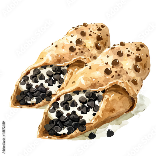 A watercolor vector painting of Italian cannoli with sweet ricotta filling, isolated on a white background. Italian cannoli vector.

