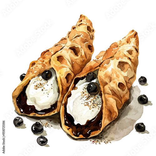 A watercolor vector painting of Italian cannoli with sweet ricotta filling, isolated on a white background. Italian cannoli vector.


