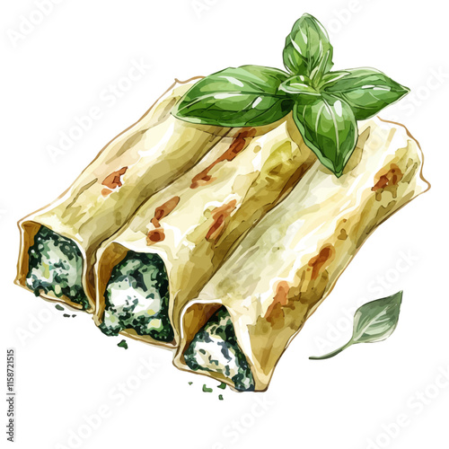 A watercolor vector painting of Italian cannelloni stuffed with ricotta and spinach, isolated on a white background. Italian cannelloni vector.

