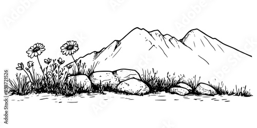 mountain landscape illustration with flowers and rocky foreground