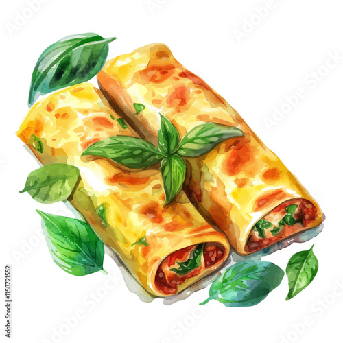 A watercolor vector painting of Italian cannelloni stuffed with ricotta and spinach, isolated on a white background. Italian cannelloni vector.

