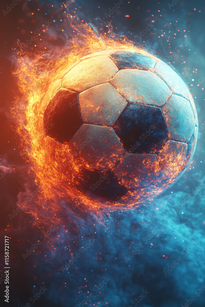 Fototapeta premium A holographic projection of a soccer ball spinning in mid-air, surrounded by glowing trails of light, displayed on a gradient blue background to symbolize teamwork and passion,