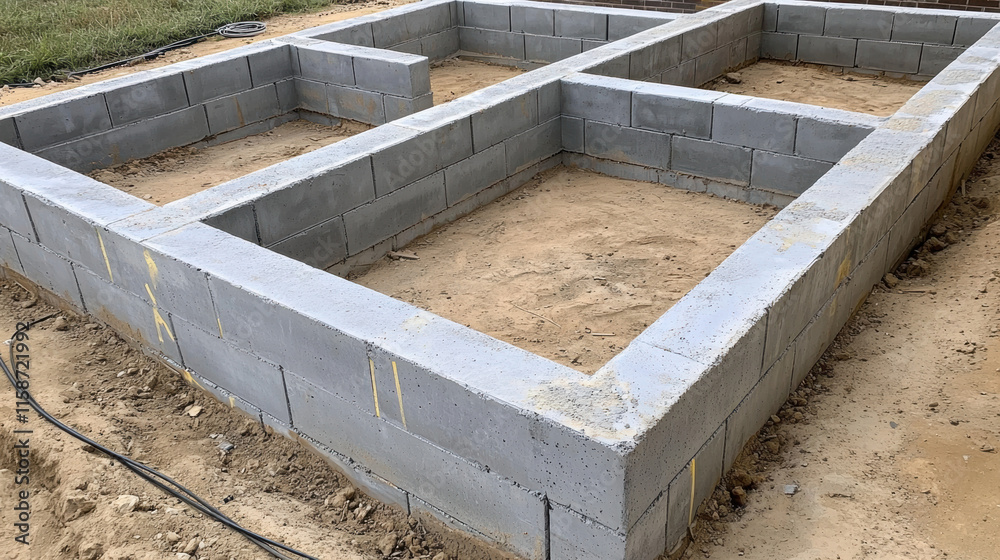 Obraz premium Concrete construction. Construction foundation with concrete blocks on sandy ground.