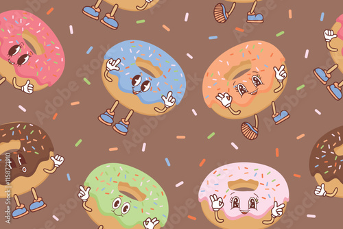 Seamless pattern with kawaii donuts. Hand drawn vector illustration on mocha mousse background