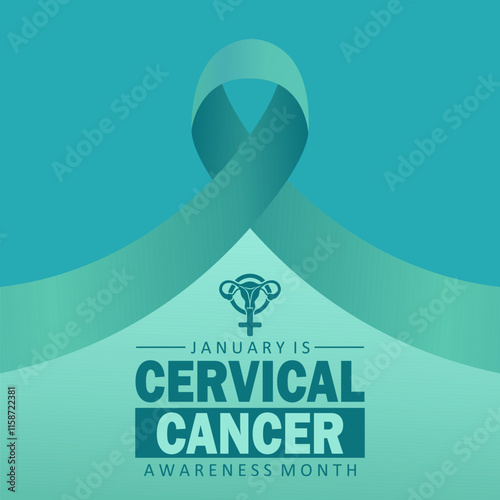 Vertical poster for Cervical Cancer Awareness Month. With a teal ribbon, a uterus symbol, and bold text emphasizing the campaign. Minimalist design with gradient teal tones.