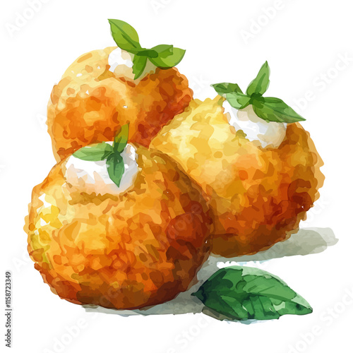 A watercolor vector painting of Italian arancini with risotto and mozzarella, isolated on a white background. Italian arancini vector.

