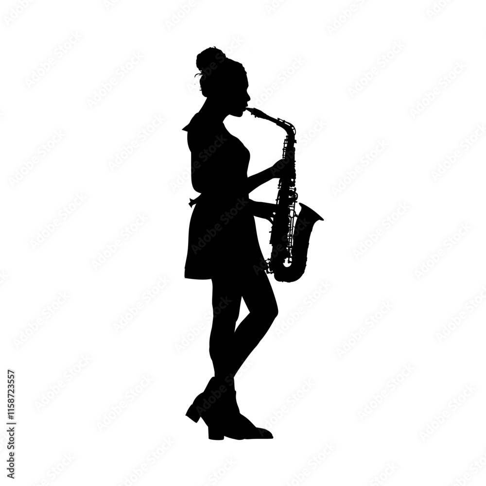 Naklejka premium Silhouette of young beautiful woman playing saxophone, saxophonist, jezzwoman - vector illustration, isolated
