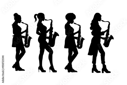 set of silhouettes of young beautiful woman playing saxophone, saxophonist, jezzwoman - vector illustration, isolated
