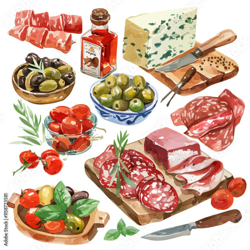 A watercolor vector painting of Italian antipasti with olives, cheese, and cured meats, isolated on a white background. Italian antipasti vector.

