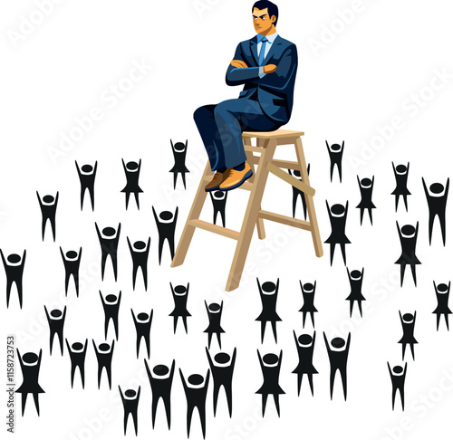 Serious businessman sitting on ladder above cheering crowd