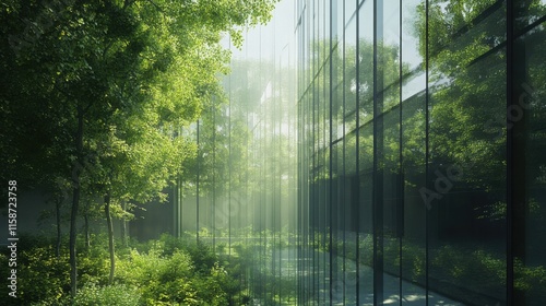 A green corporate office with large glass windows, featuring