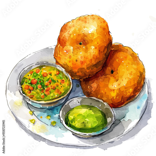 A watercolor vector painting of Indian vada with lentils and chutney, isolated on a white background. Indian vada vector.

