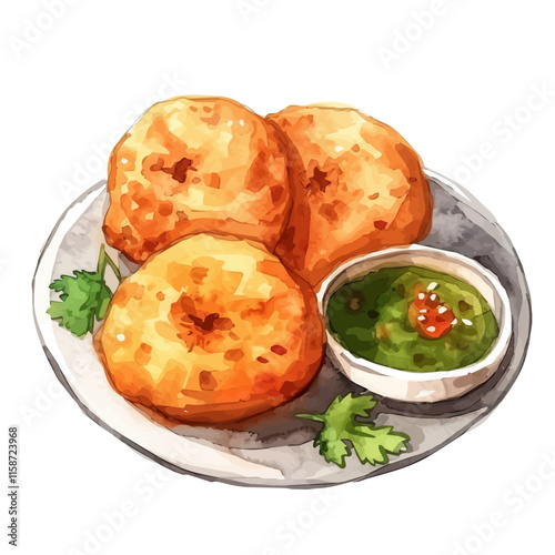 A watercolor vector painting of Indian vada with lentils and chutney, isolated on a white background. Indian vada vector.

