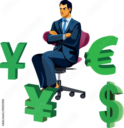 Businessman sitting on yen symbol and crushing it with dollar and euro around