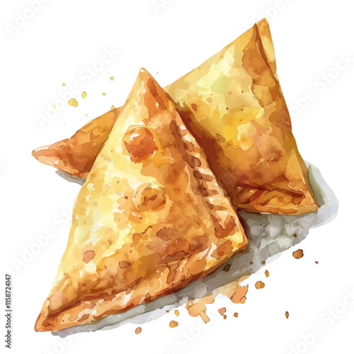A watercolor vector painting of Indian samosas with spiced potato filling, isolated on a white background. Indian samosas vector.

