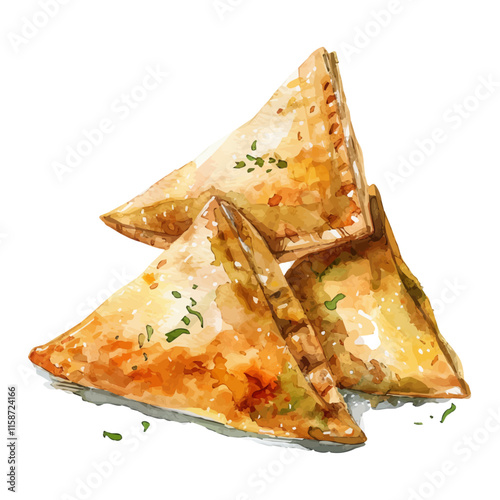 A watercolor vector painting of Indian samosas with spiced potato filling, isolated on a white background. Indian samosas vector.

