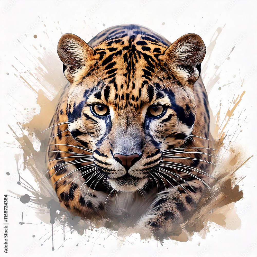 Fototapeta premium A stealthy clouded leopard stalking its prey, painted with sleek and curving brushstrokes to convey its predatory motion. The design is bold and dynamic, set against a clean white background